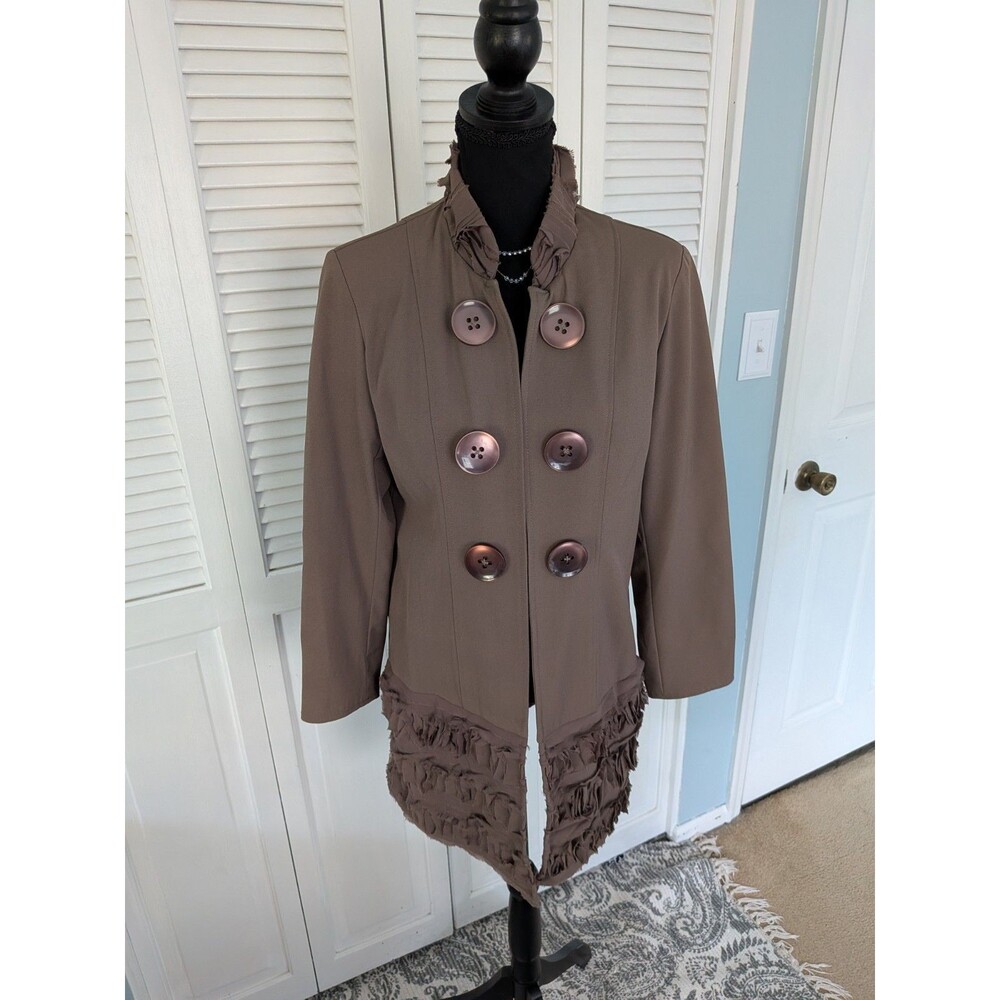 Multiples Coat Womens S Taupe Brown Button Ruffle Hem Jacket Romantic Maximalist